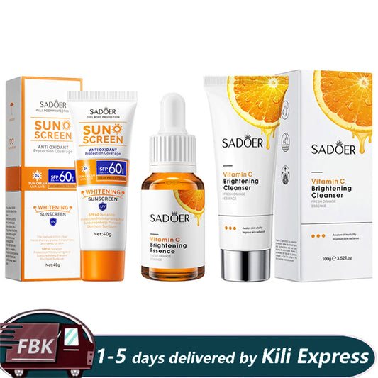SADOER 3 in 1 Vitamin C Serum + Vitamin C Cleanser + SPF 60++ Sunscreen, Moisturizing, Anti Aging, Anti Wrinkles, Anti Acne, Dark Spots Remover, Sunscreen Protector VC Serum+Cleanser+SPF