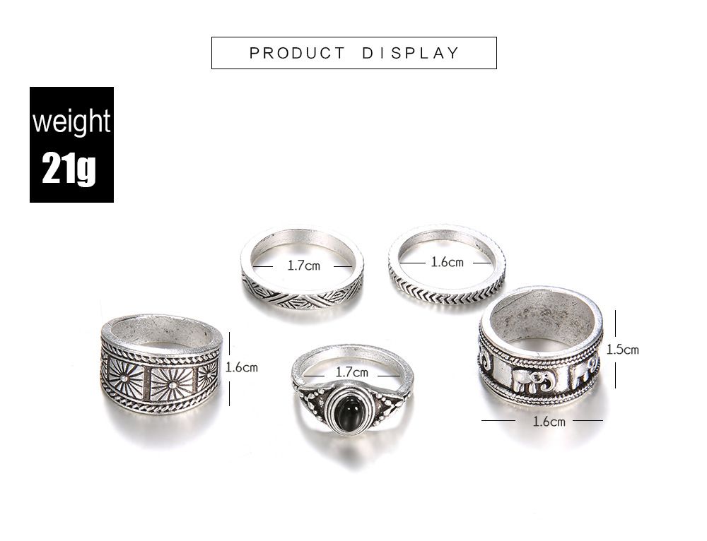 Popular joint rings European and American bohemian style totem black gemstone 5-piece rings