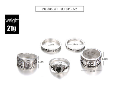 Popular joint rings European and American bohemian style totem black gemstone 5-piece rings