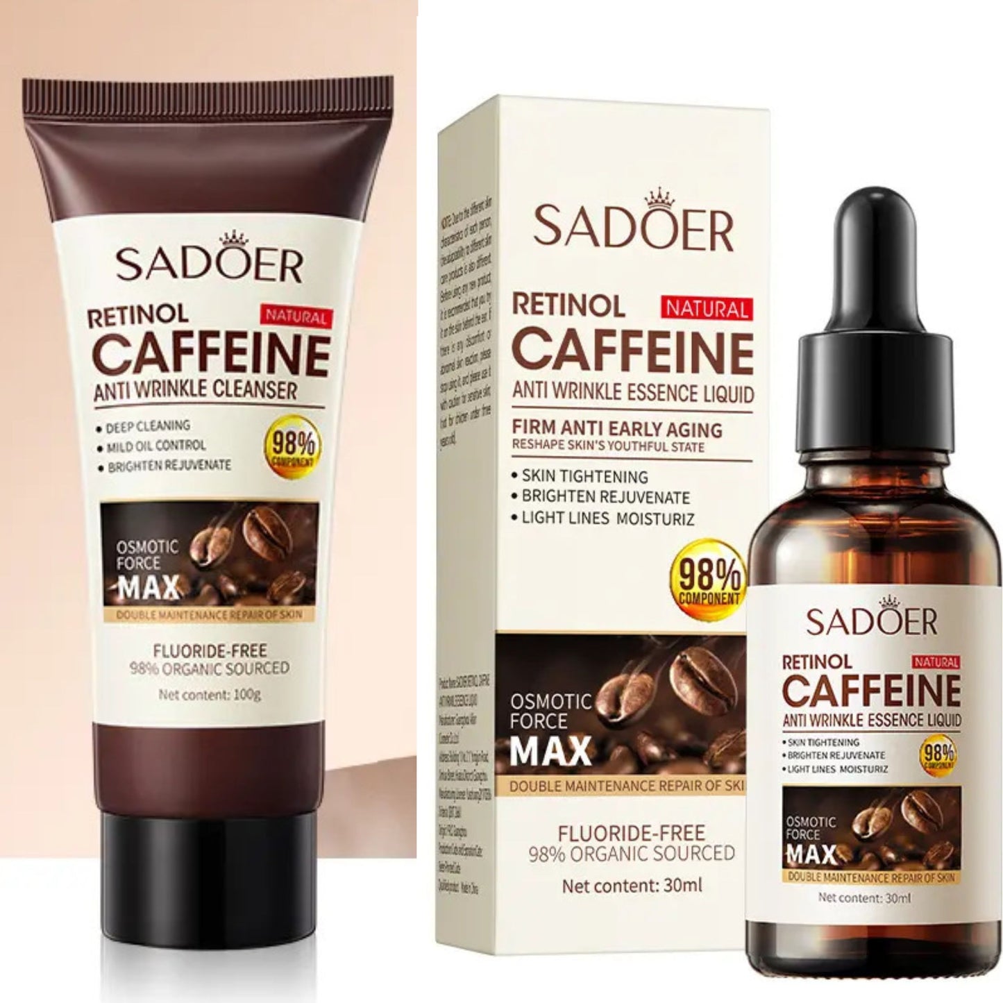 2 Pieces Sadoer Anti Aging Retinol Caffeine Face Wash + Skin Tightening Anti Wrinkles Essence, Facial Cleanser + Essence, Can add Vitamin C, the Duo Guarantee Anti Wrinkles, Anti Aging, Fade Fine Line