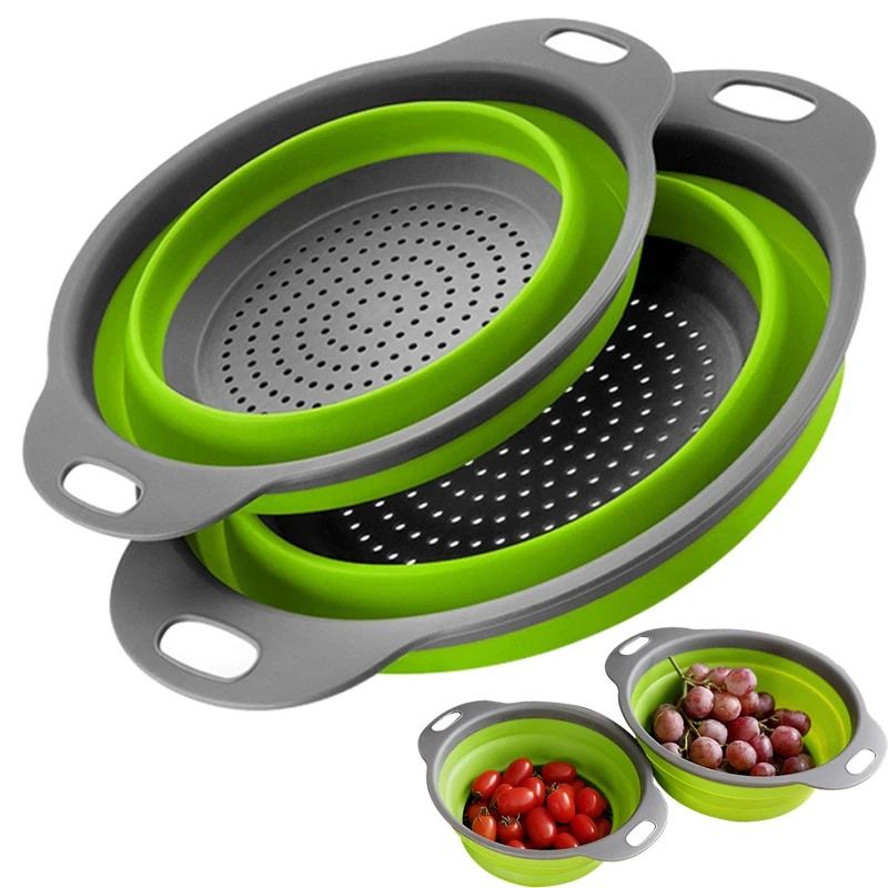 2pcs 29cm*24cm Silicone Round Folding Vegetable Fruits Washing Drain Basket Colander Strainer Collapsible Drainer Kitchen Tool Cookware Sets Cooking