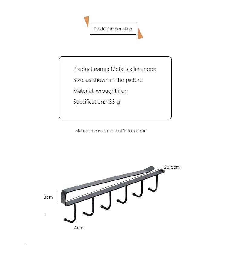 Iron Cabinet Traceless Hook Storage Hanger Multi-Row Hook Wardrobe Kitchen Punch-free Traceless Hook