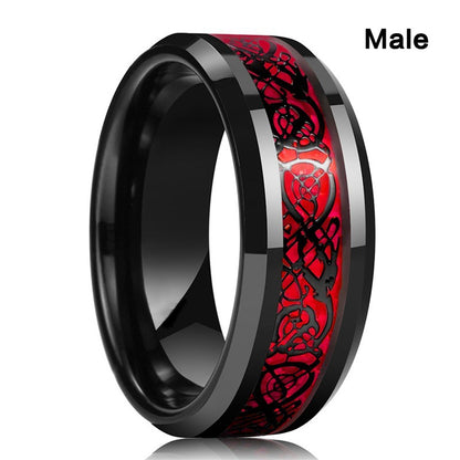 Fashion Couple Rings Black Tungsten Wedding Celtic Dragon Rings For Men Inlaid Green Zircon Punk Men Stainless Steel Red Carbon Fibre Ring