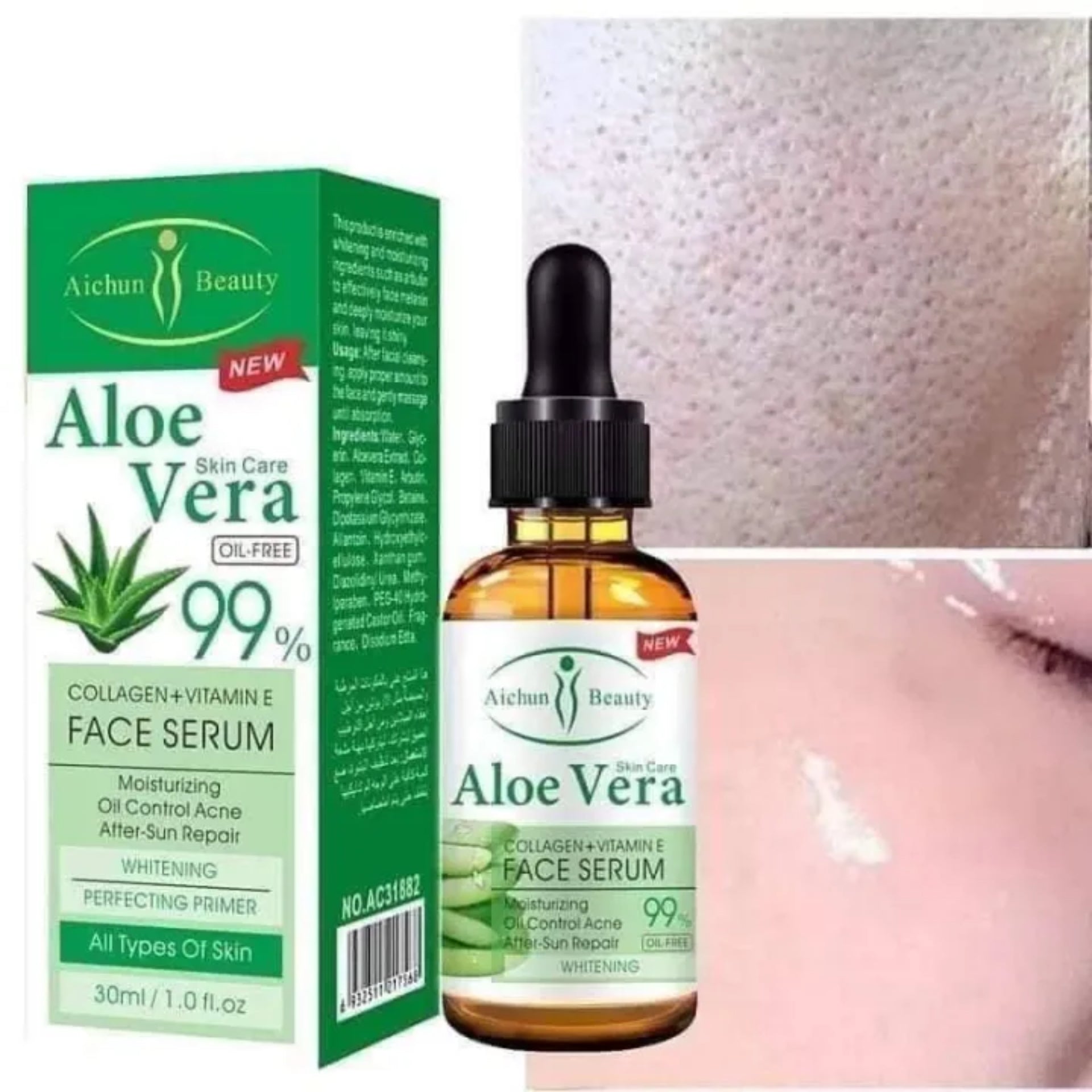 Aloe Vera 99% Face Serum With Collagen + Vitamin E - Moisturizing Oil Control Acne After Sun Repair Whitening - Aichun Beauty