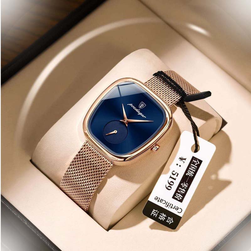 POEDEGER Design Women’s Luxury Blue Dial Rose-Gold Mesh Watch – Minimalist Square Case, Quartz Movement, Stainless-Steel Milanese Strap, Small Seconds Sub-Dial, Gift Box, Elegant Dress Wristwatch