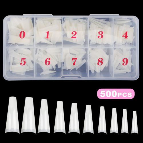 500pcs Half Cover Coffin Nail Tips, 10 Sizes Acrylic Ballerina Nail Tips with Box, White