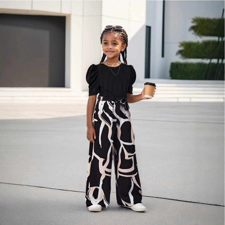 Two-Piece Set(T-shirt+Pants) Girls' Summer - Bubble Sleeve Top & Floral Print Wide Leg Pants, Trendy Casual Outfit for Kids with Vintage Chic Style