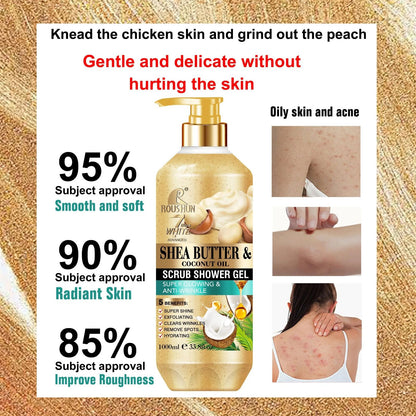 ROUSHUN Shea Butter & Coconut Oil Scrub Shower Gel Super Glowing & Anti-wrinkle Good Quality 1000ml Removes Acnes Clear Pimples Cleans and Hydrates Glow and Shine