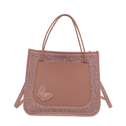 Tote Bags shoulder bag Butterfly decorative Mariposa Tote PU leather with Fluffy bag