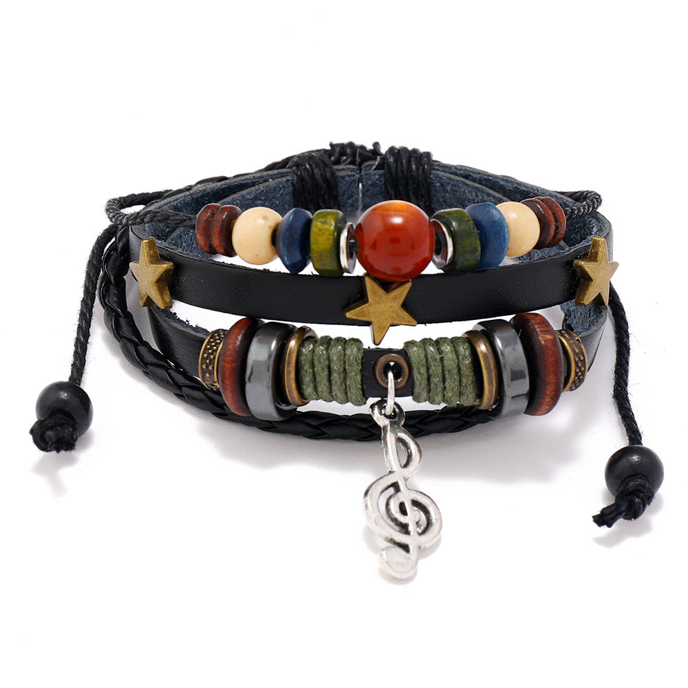 3 Pcs/Set Beaded Leather Braided Retro Bracelets Jewelry Alloy Note Cowhide Bracelet Ornaments