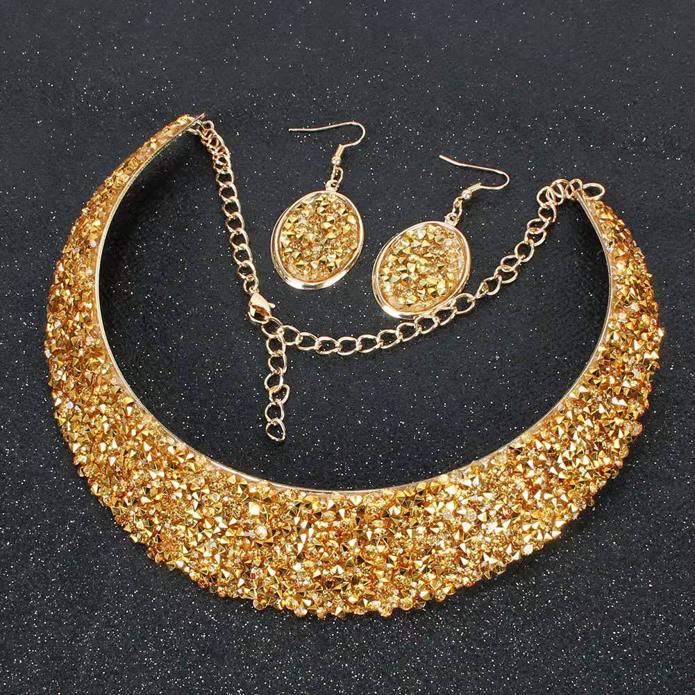 Metal Full Rhinestone Fake Collar Necklace Earrings Necklaces & Pendants MMSHOP 2 pieces/set European and American Fashion Gold as price
