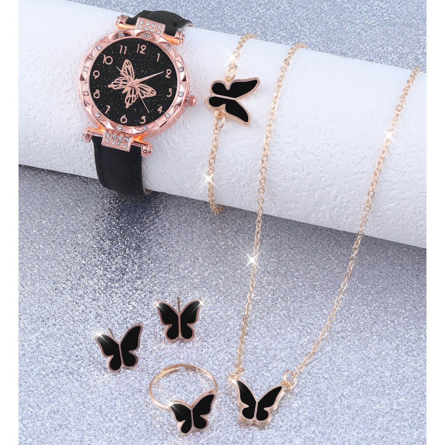 6PCS Women's Watch Earrings Rings Necklace Bracelet Set Ladies' Butterfly Jewelry Set Women's Wristwatch Leather Strap Quartz Watch Ladies' Butterfly Watch Set