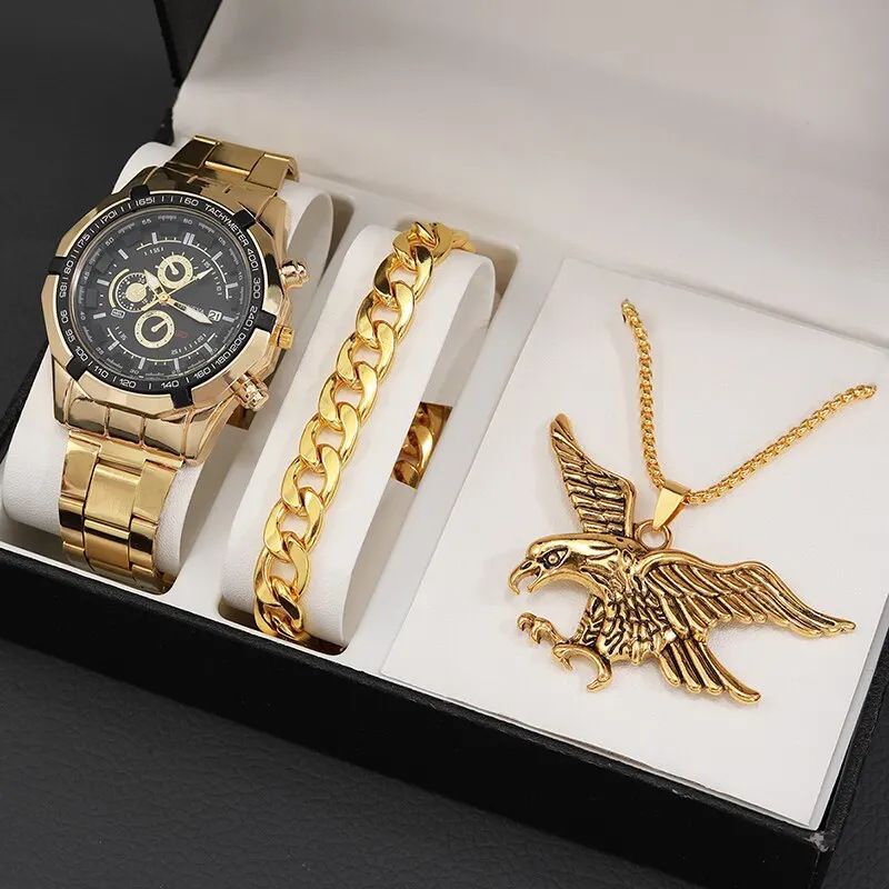 3pcs set Best Selling Fashion Mens Sports Gold Three Eyes Watches Men Business Steel Quartz Wrist Watch Calendar Male Casual Eagle Necklace Bracelet Wristwatch With Box