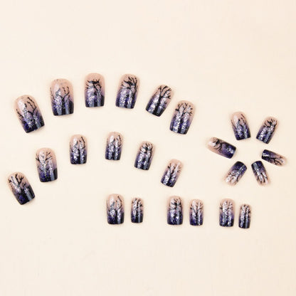 Medium to long square wearing nail, black withered tree silhouette nail art, light blue gradient fake nail glitter, detachable nail patch