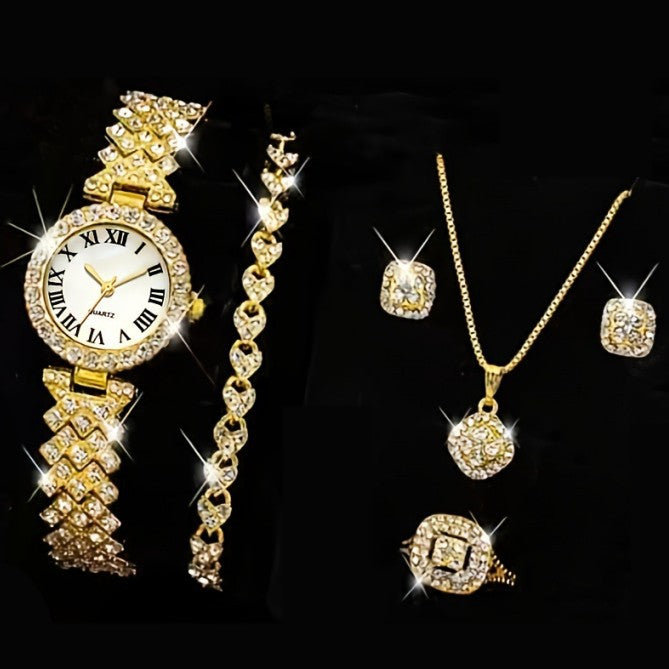 5-piece set fashion Roman diamond inlaid women's watch women's watch quartz watch bracelet