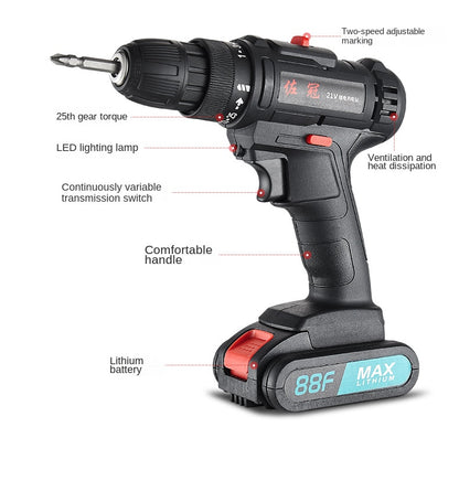 Electric Cordless Drill, 21V Impact Drill Driver Set 28pcs Accessories for Drilling Wood, Metal, Ceramics, Plastic EU plug