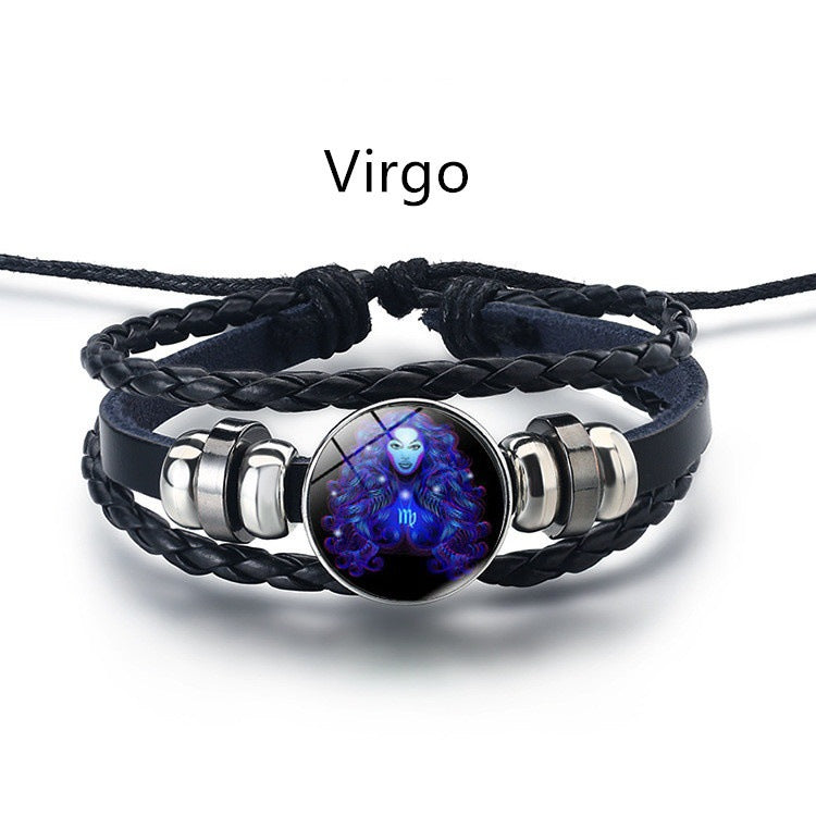 12 Constellation Men's and women's bracelet twelve constellation leather rope blue moonstone bracelet student hipster couple jewelry fashion men's models can be contracted and elongated