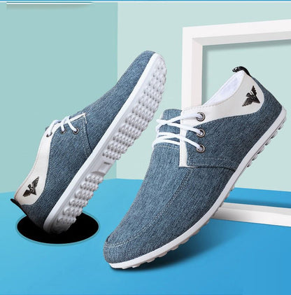 ASSKLO Men Canvas Shoes Men's Bean Shoes Man Sneakers Sports running Shoes Casual Flat Loafers rubber flats shoe Heels Low Top Canvas Lightweight Comfortable Walking Working Driving Cloth Shoes Blue