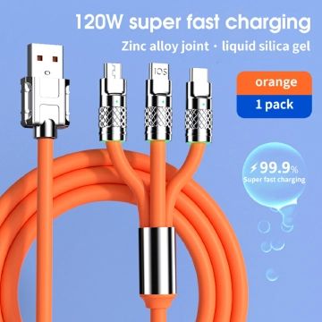 FRANK Max120W 3in1 Fast Charging USB Cable 2.4A Charging Cable Liquid Soft Silicone USB Data Cable USB C/iOS/Micro USB Adapters
