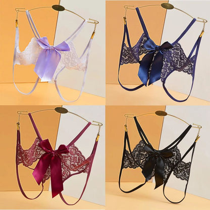 Women's Hollow Out Thong Sexy Lingerie Open Crotch Underwear Lady's Crotchless Double Strip Lace Sex Panties Underpants G-Strings Woman Briefs Lingerie Panties With Big Bow Plus Size Baby Dolls