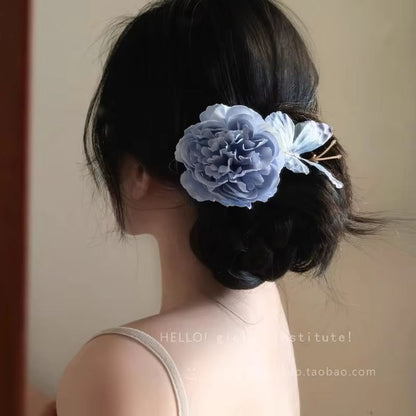 Fashion Simulation Butterfly Rose Pearl Hair Clip Luxury Retro Blue Flower Hair Accessory Hair Clips for Girls Women Bow Gift