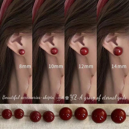 Wine red cherry earrings, retro oval high-end design earrings, versatile earrings for daily commuting