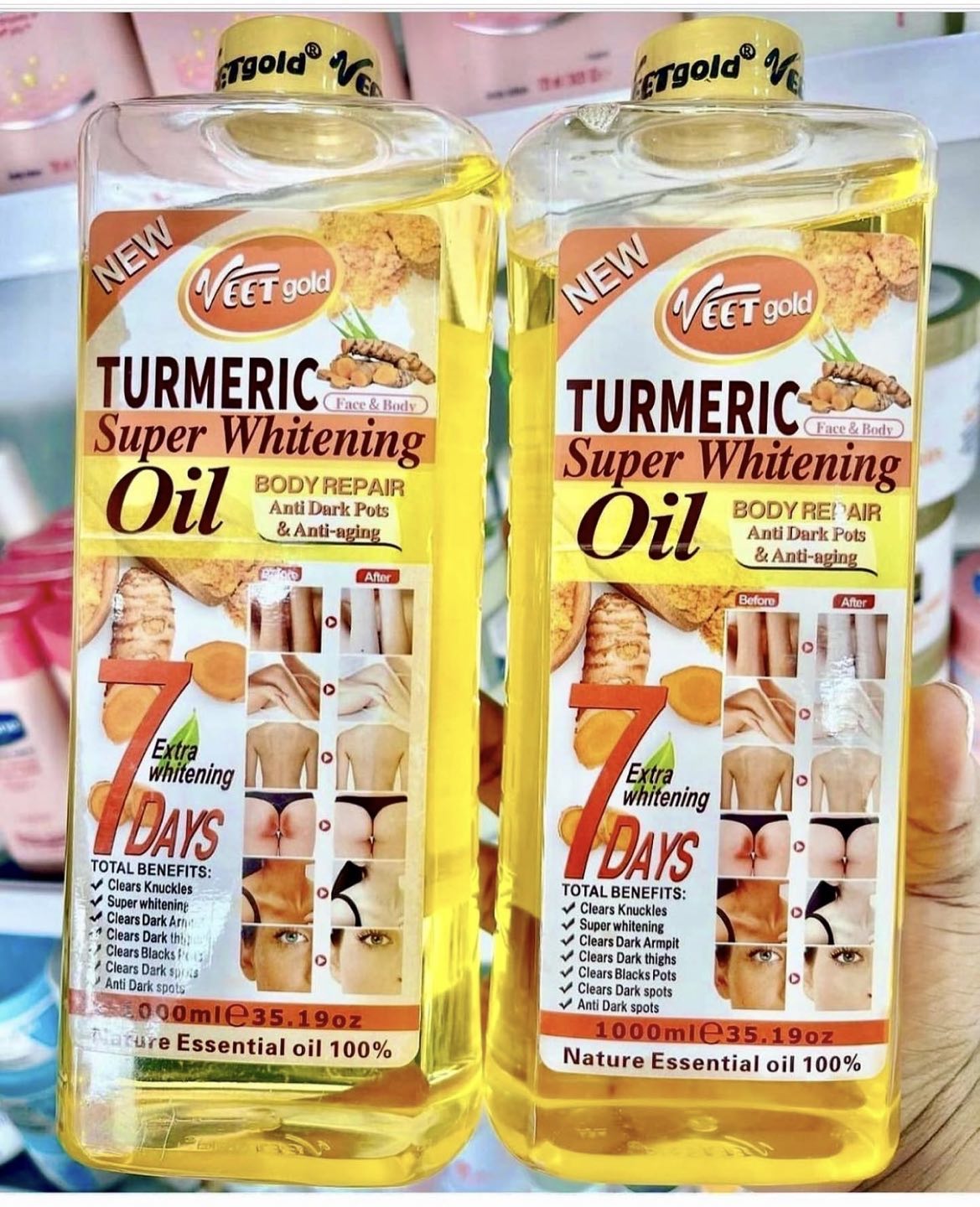 VEET GOLD Turmeric Supper Whitening Oil 1000ml + Soap 250g Whitening Soap Clears Knuckles Removes Dirt & Impurities Super Whitening Clears Dark Thighs Anti Dark Spots Body Oil 1000ml