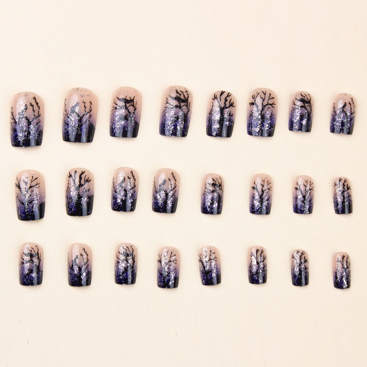 Medium to long square wearing nail, black withered tree silhouette nail art, light blue gradient fake nail glitter, detachable nail patch
