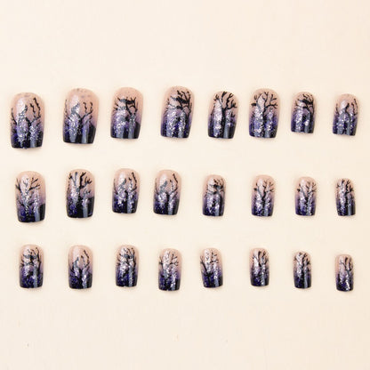 Medium to long square wearing nail, black withered tree silhouette nail art, light blue gradient fake nail glitter, detachable nail patch