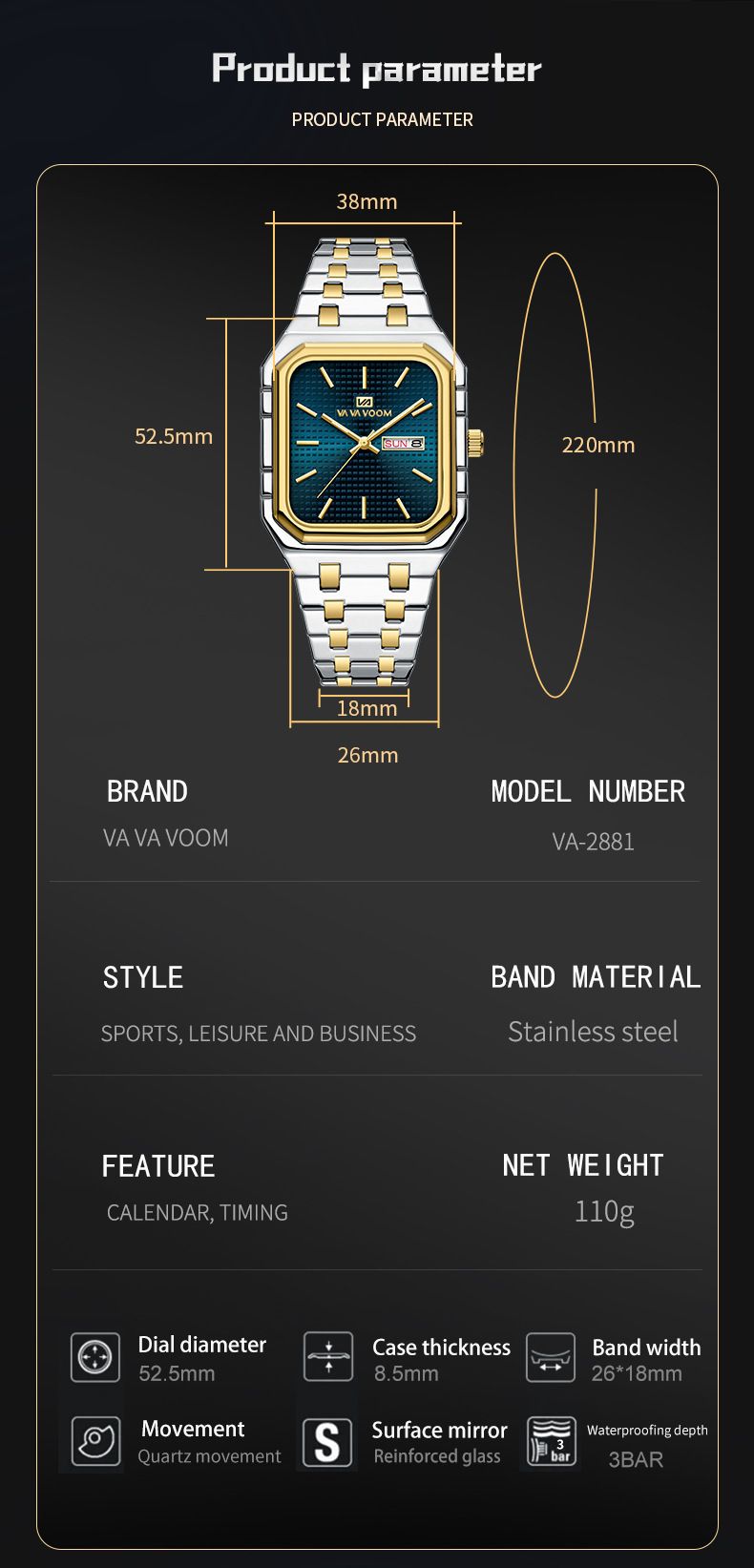 New Business Casual Men's Watch Waterproof Simple Fashion Luminous Square Gradient Gold Steel Belt Men's Brand Watch