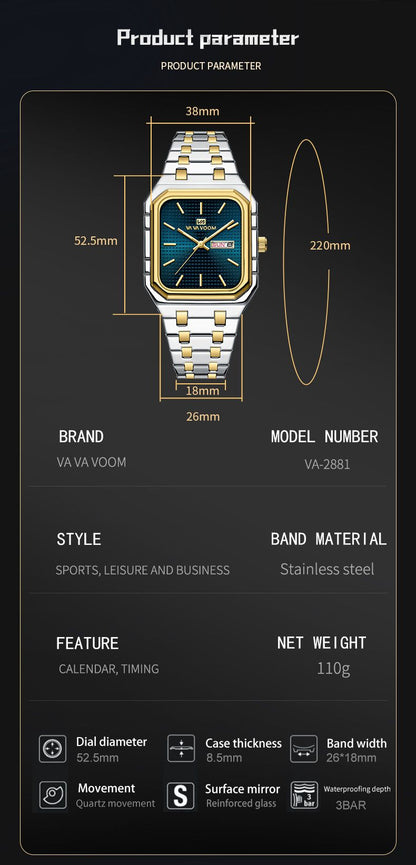 New Business Casual Men's Watch Waterproof Simple Fashion Luminous Square Gradient Gold Steel Belt Men's Brand Watch