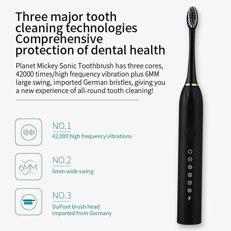 Ultrasonic Electric Toothbrush Rechargeable USB Waterproof Sonic Automatic Tooth Brush with 6 Modes 4 Brush Heads