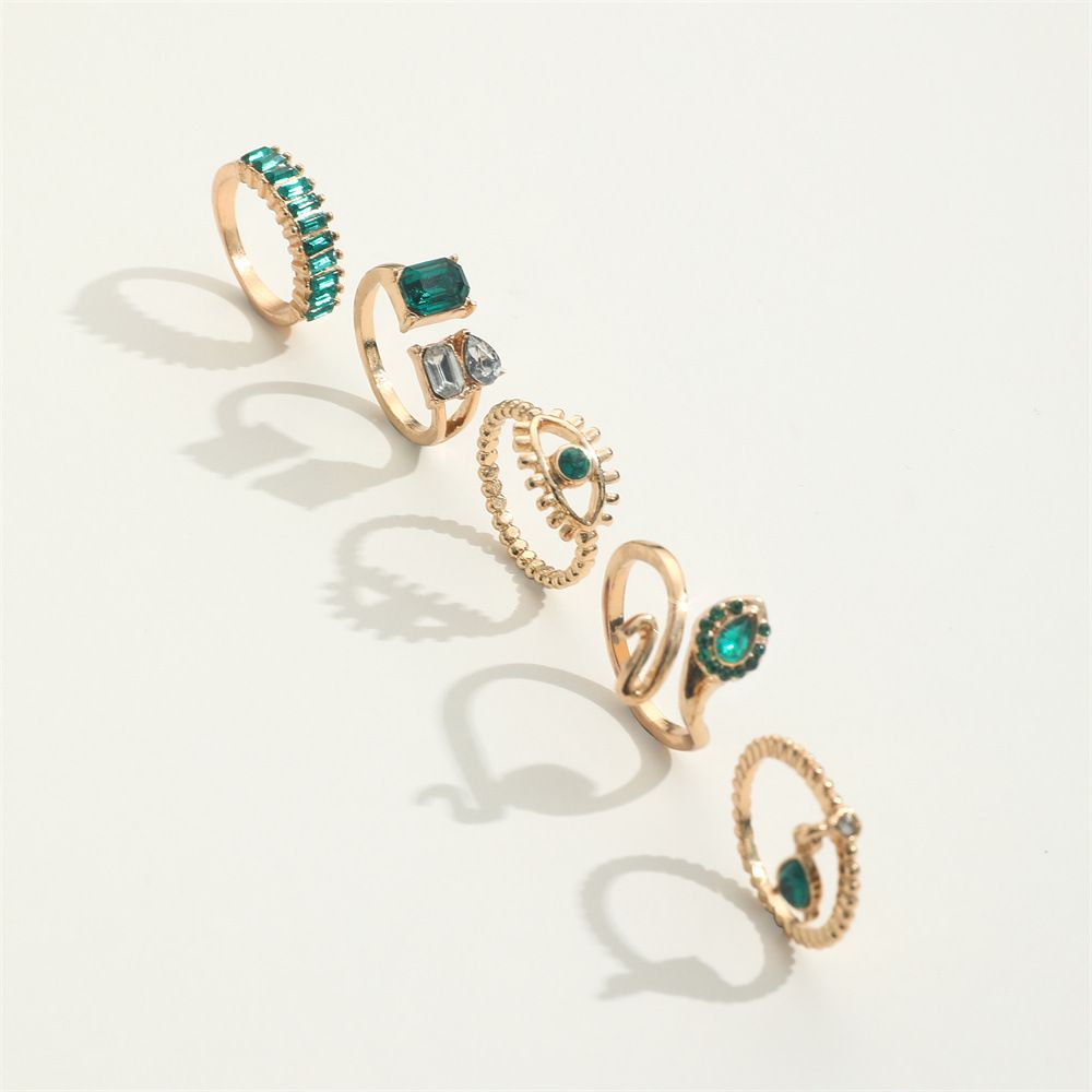 ZHJH 5PCS Rings Set Retro Imitation Gemstone Diamond Serpentine Water Drop Pendant Ring Creative Fashion Joint Ring Alloy Personalized Chain Open Ring Full Diamond Adjustable Any Size