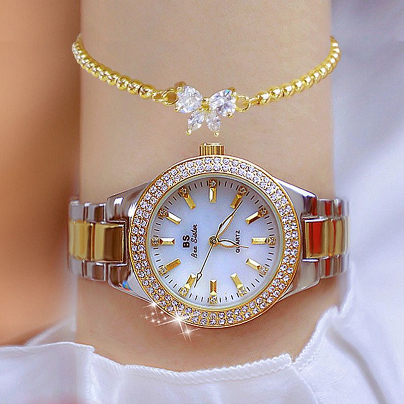 Women's Elegant Casual Goldn Watch Crystal Diamond Inlaid Watch Stainless Steel Silver Quartz Watch Bracelet Set Gift for Wife