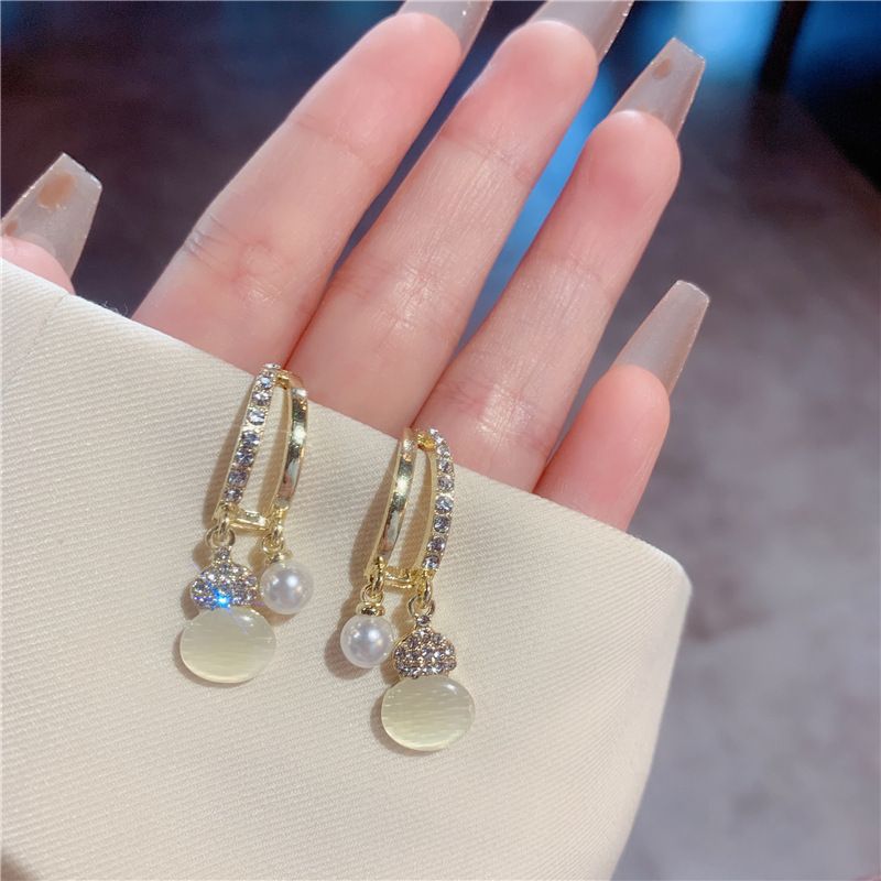 925 silver needle sweet and fresh cat eye stone gourd earrings for women, fashionable and versatile, high-end ear buckle