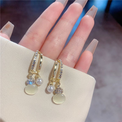 925 silver needle sweet and fresh cat eye stone gourd earrings for women, fashionable and versatile, high-end ear buckle