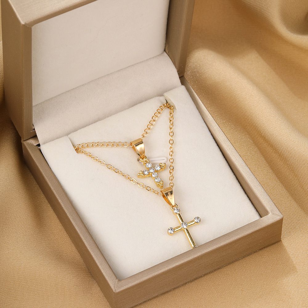European And American New Exaggerated Personality Full Diamond Cross Pendant Chain Collarbone Chain Necklace Double Stacked Necklace