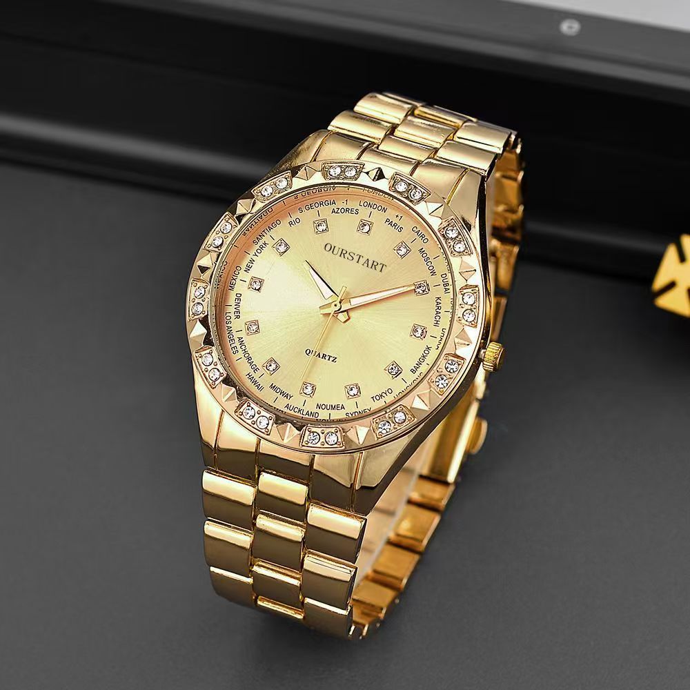 2PCS Lover Watches Business Stainless Steel Back Gold Watch Classic Diamond Rhinestone Couple Gift Watch Hip Hop Metal Color Bling Diamond and Steel Strip Women Men Couple Quartz Watch