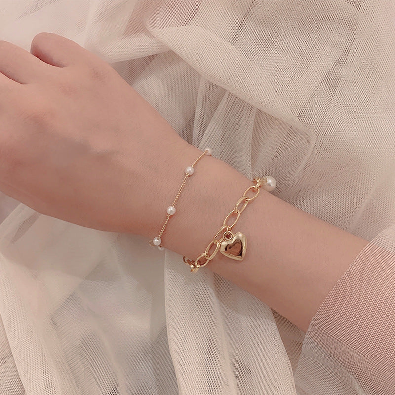 1-piece Elegant and Popular Fashionable and Versatile Bracelet Love Pearl Double Layer Bracelet Peach Heart Pendant Handicraft for Women