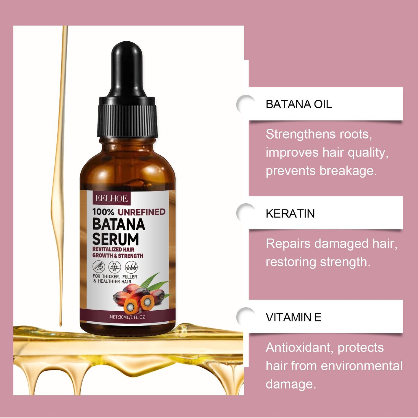 EELHOE Batana Oil Hair Care Essential Oil Hair Strengthening Hair Growth Serum Anti-Hair Loss Treatment Repairs Frizzy Hair Deep Nourishes Scalp Smooth Hair Conditioner Ehance Hair Shine Batana Serum