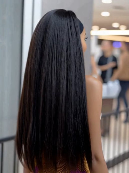 Synthetic Yaki Kinky Straight Wigs - 26 Inch 1B Black | Adjustable Headband & Natural Look(African Women, Protective Style, Quick Install, Realis,Birthday Gift)