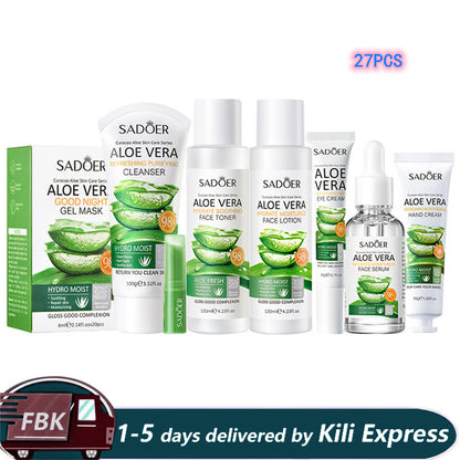 SADOER 27Pcs Skin Care Set Aloe Facial Cleanser +Aloe Moisturizing lotion + Face Essence +Face Toner Tone+Eye Cream + Masks 20PCS+Lipstick + Hand Cream Gift set