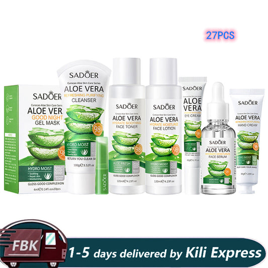 SADOER 27Pcs Skin Care Set Aloe Facial Cleanser +Aloe Moisturizing lotion + Face Essence +Face Toner Tone+Eye Cream + Masks 20PCS+Lipstick + Hand Cream Gift set