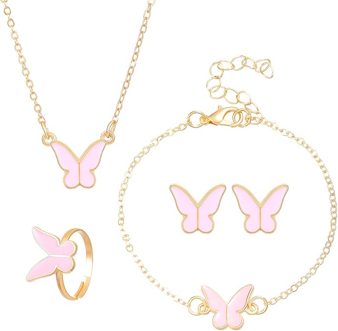 UPHUI 5-piece Women's Jewelry Set Earrings Necklaces Bracelets Rings Fashion Butterfly Jewelry Set Women's Butterfly Jewelry Couple Gifts