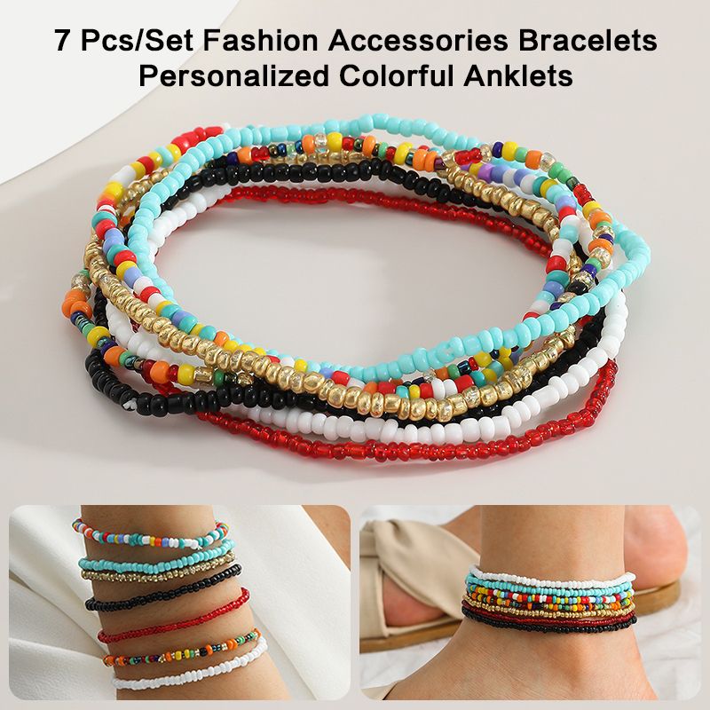 7 Pcs/Set Fashion Accessories Bracelets Bohemian Multicolor Beaded Chain Anklet Bracelet Set for Female Elastic Ankle Bracelet On The Leg Foot Beach Jewelry Bracelet Jewelry Sets