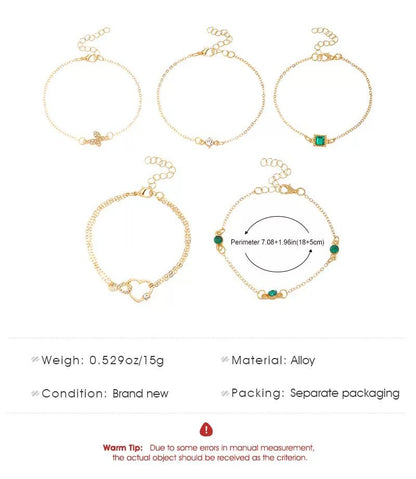 5PCS Women's Gold Bracelet 14K Gold Plated Exquisite Layered Chain Bracelet Adjustable Cute Bracelet Set Used For Daily Wear Or Exquisite Gifts