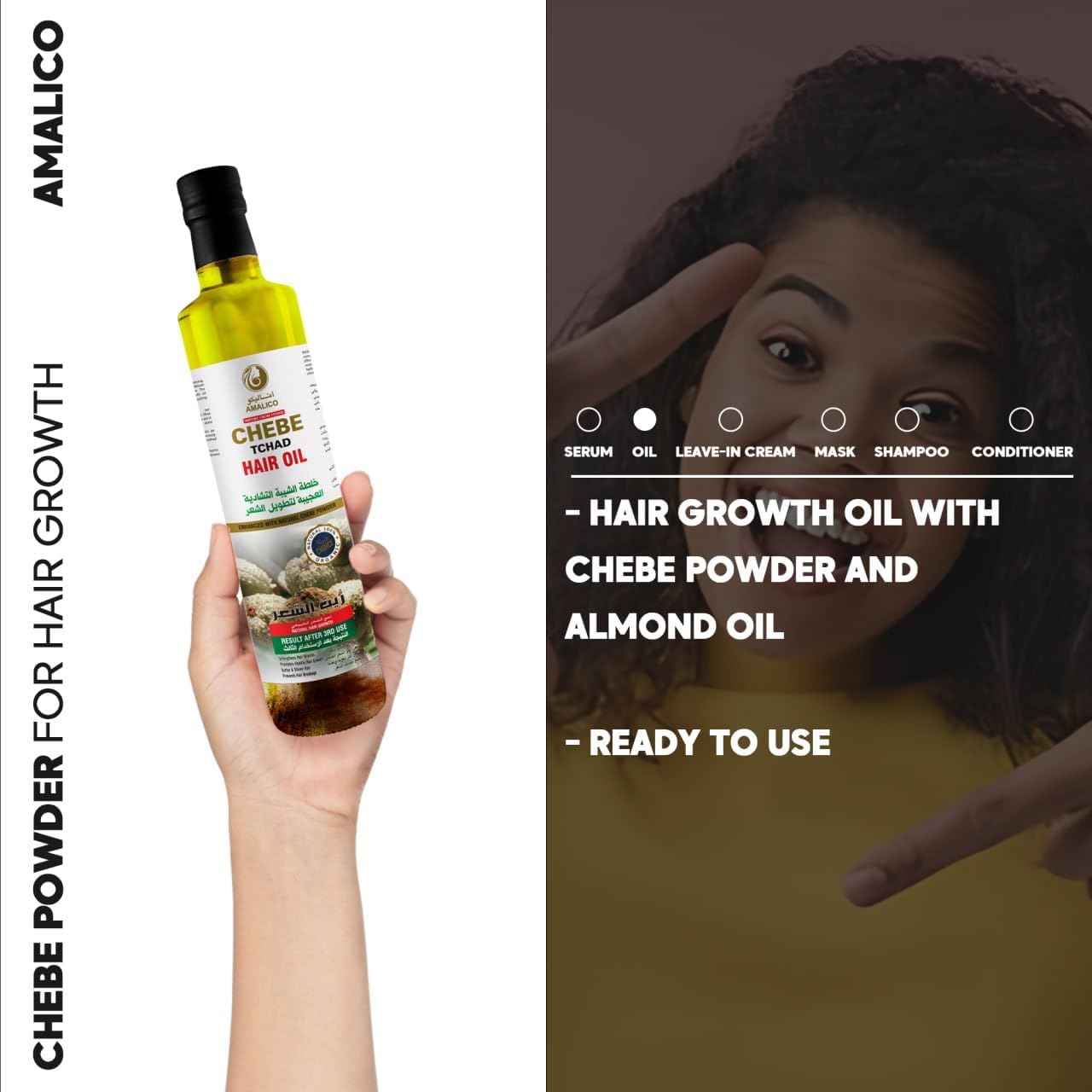 Amalico Chebe Oil for Hair Growth - Olive Oil, Ostrich Oil, Essential Oil, 100% Natural African Chebe Powder for Hair Growth - Ready to Use, Large Volume 130ml