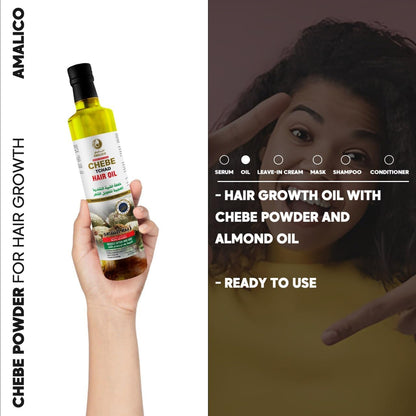 Amalico Chebe Oil for Hair Growth - Olive Oil, Ostrich Oil, Essential Oil, 100% Natural African Chebe Powder for Hair Growth - Ready to Use, Large Volume 130ml