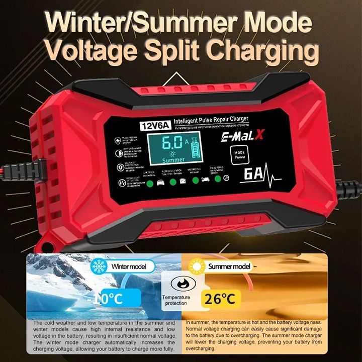 12V 6A Car Battery Charger Fully Automatic Intelligent Pulse Car Motorcycle Ship Battery Charger Pulse Repair LiFePO4 14.6V Smart Fast Charge AGM Deep Cycle GEL Lead-Acid Charger For Auto Motorcycle
