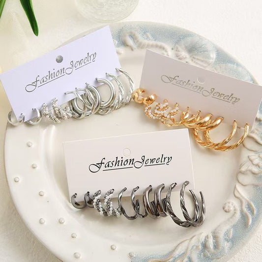 5 sets Vintage Pearl earrings Metallic Gold earrings Geometric Fashion jewelry personality Trendy light luxury High metallic gold and silver oval earrings for women